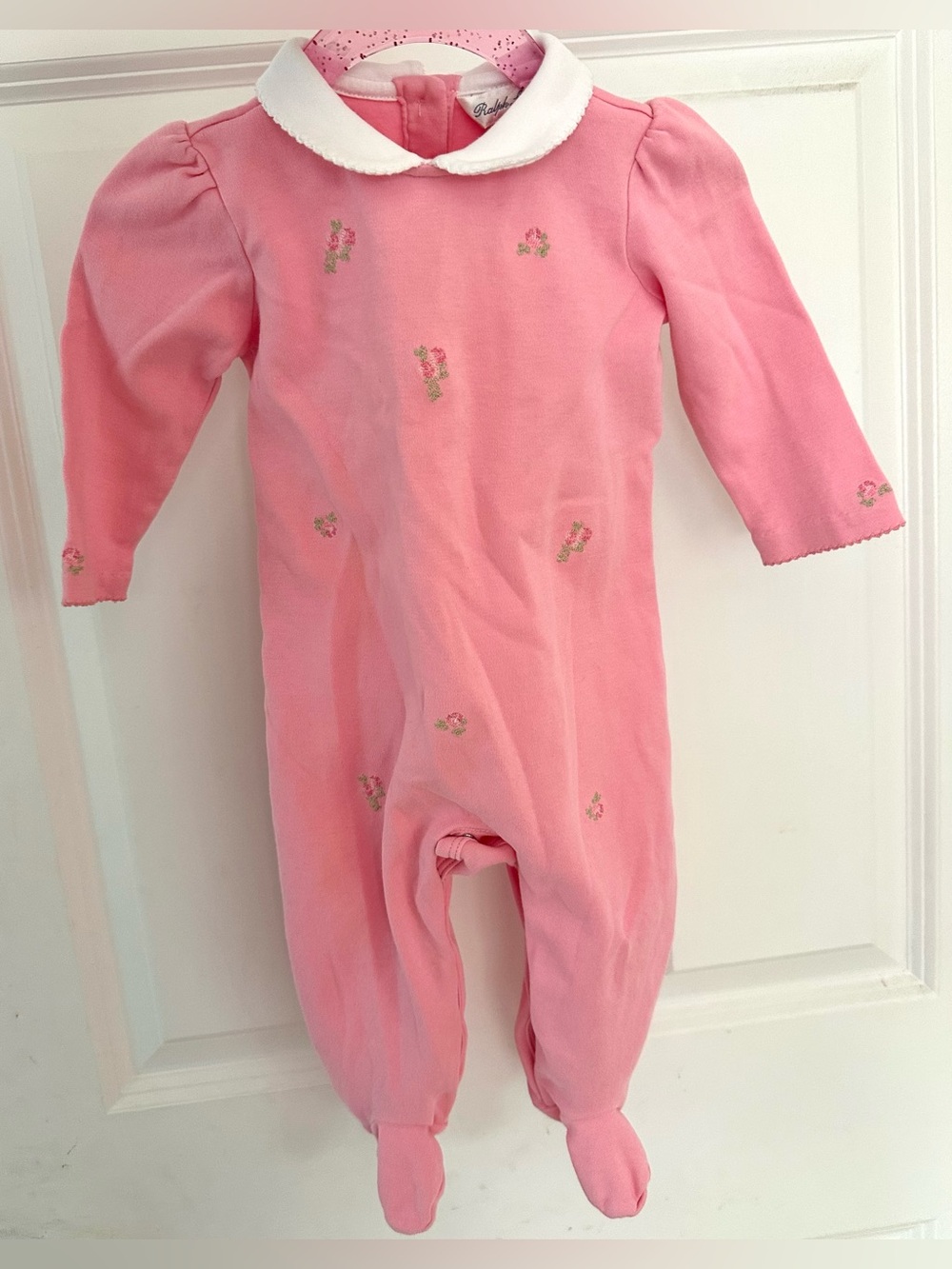 Ralph Lauren Baby Girl Pink Footed Coverall Peter Pan Collar Floral Embroidery 9